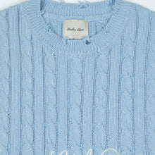 Country Club Dropout Distressed Cable Knit Sweater | Baby-Blue