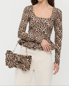 Valerie Leopard Jersey Bow Bag, Posie Peplum Top in leopard print jersey, and Winona Denim Barrel Pant in natural.
