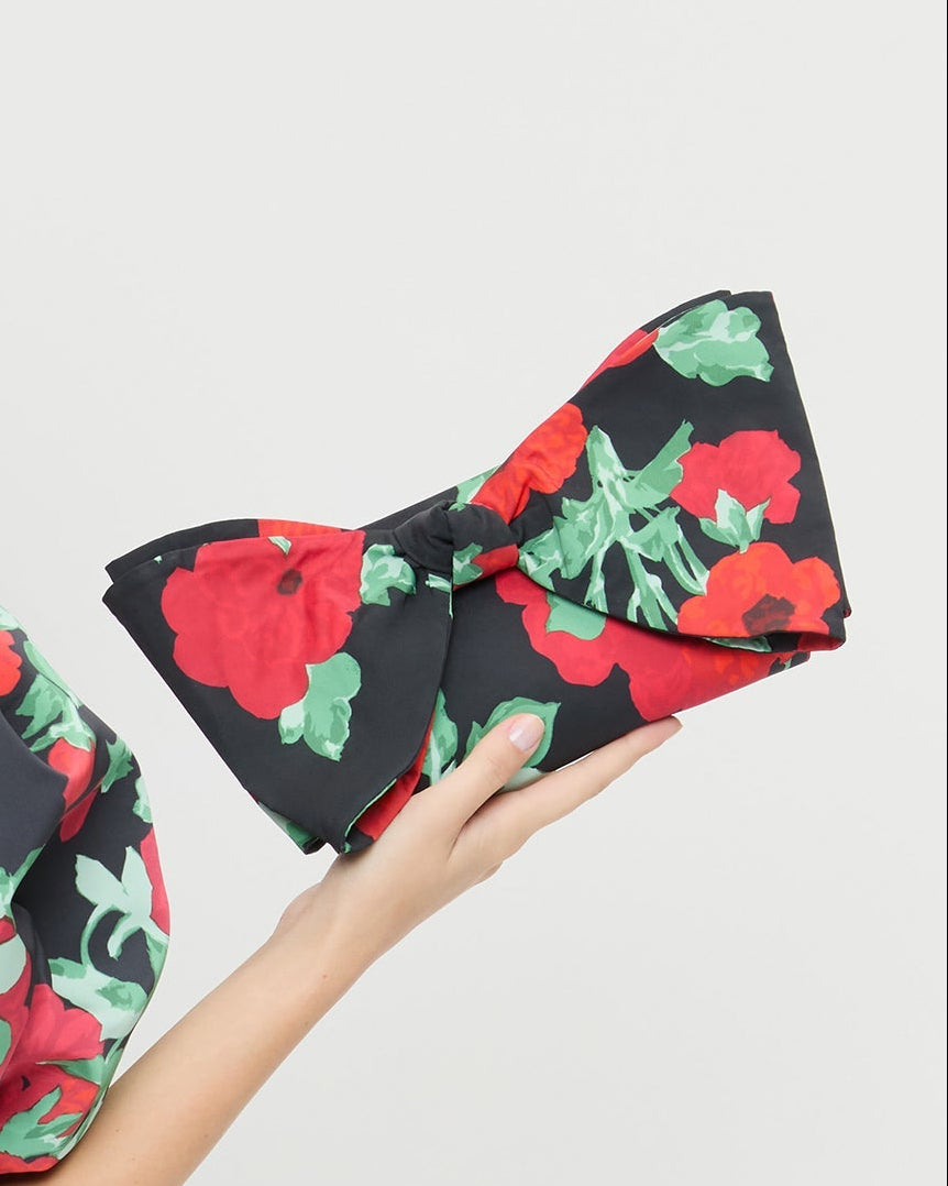 Valerie Black Floral Bow Bag in black floral taffeta and Willy Mini Dress in black floral faille fabric.