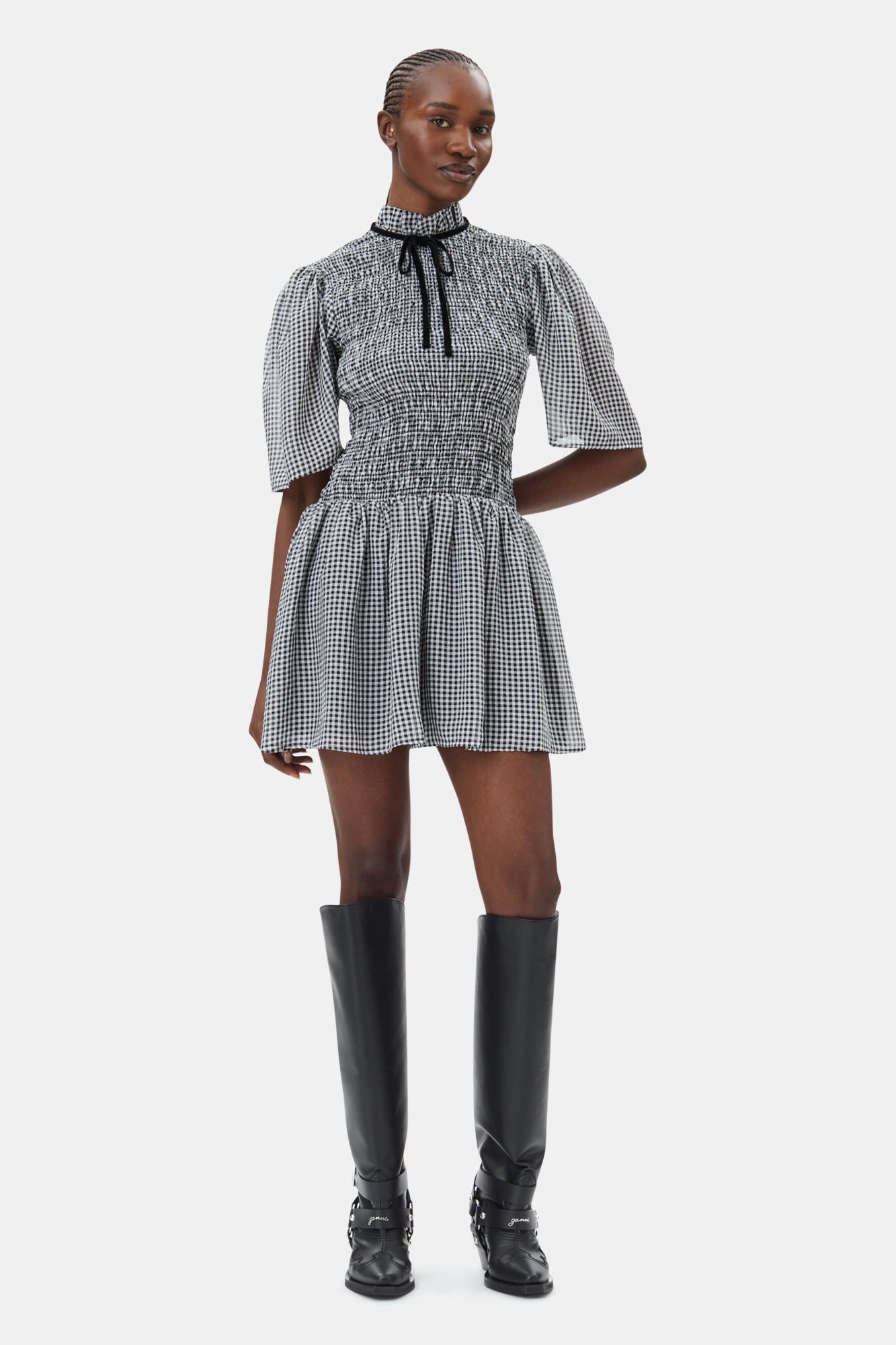 Sheer Fluid Check Mini Smock Dress | Black