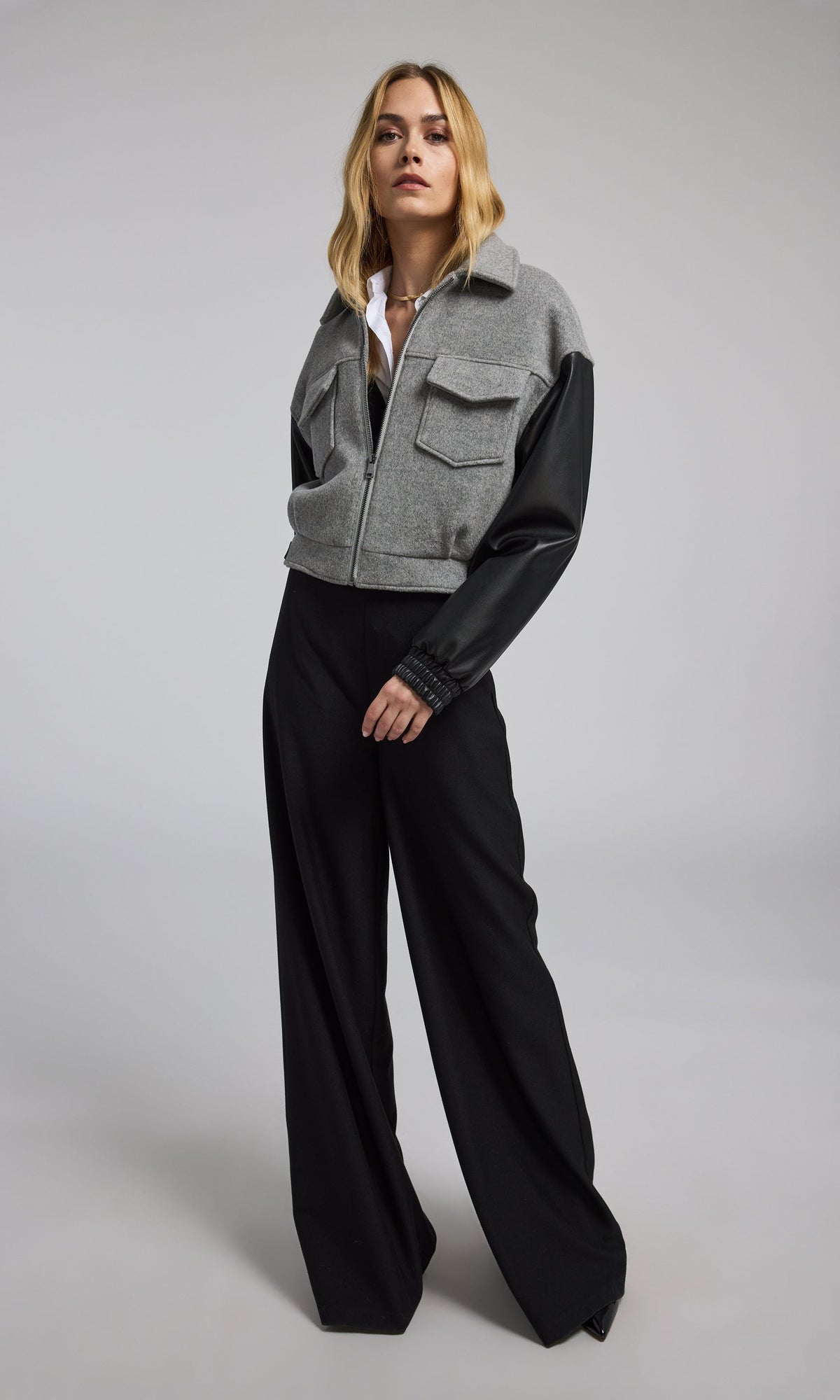 Caspian Wool Vegan Leather Combo Bomber | Grey Melange/Black