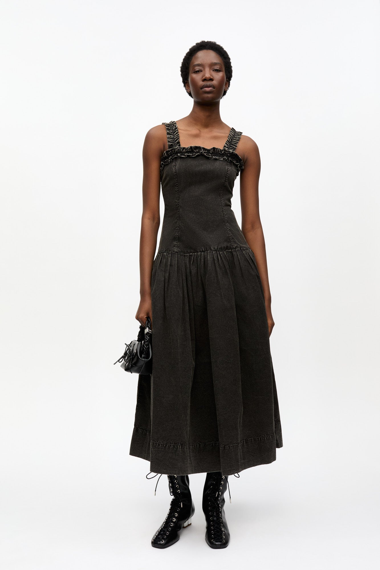 Washed Stretch Cotton Corset Dress | Black