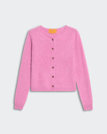 Pink brushed cashmere Grizzly cardigan for women with crew neck and button-down front, medium-weight knit sweater.