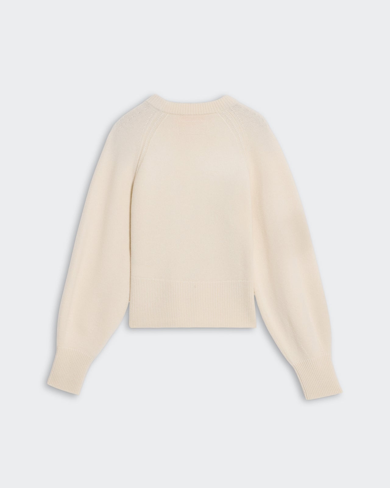 Sculpted Crew - Cream women's cashmere sweater with puffed raglan sleeves and cropped cinched fit in heavy-weight knit.
