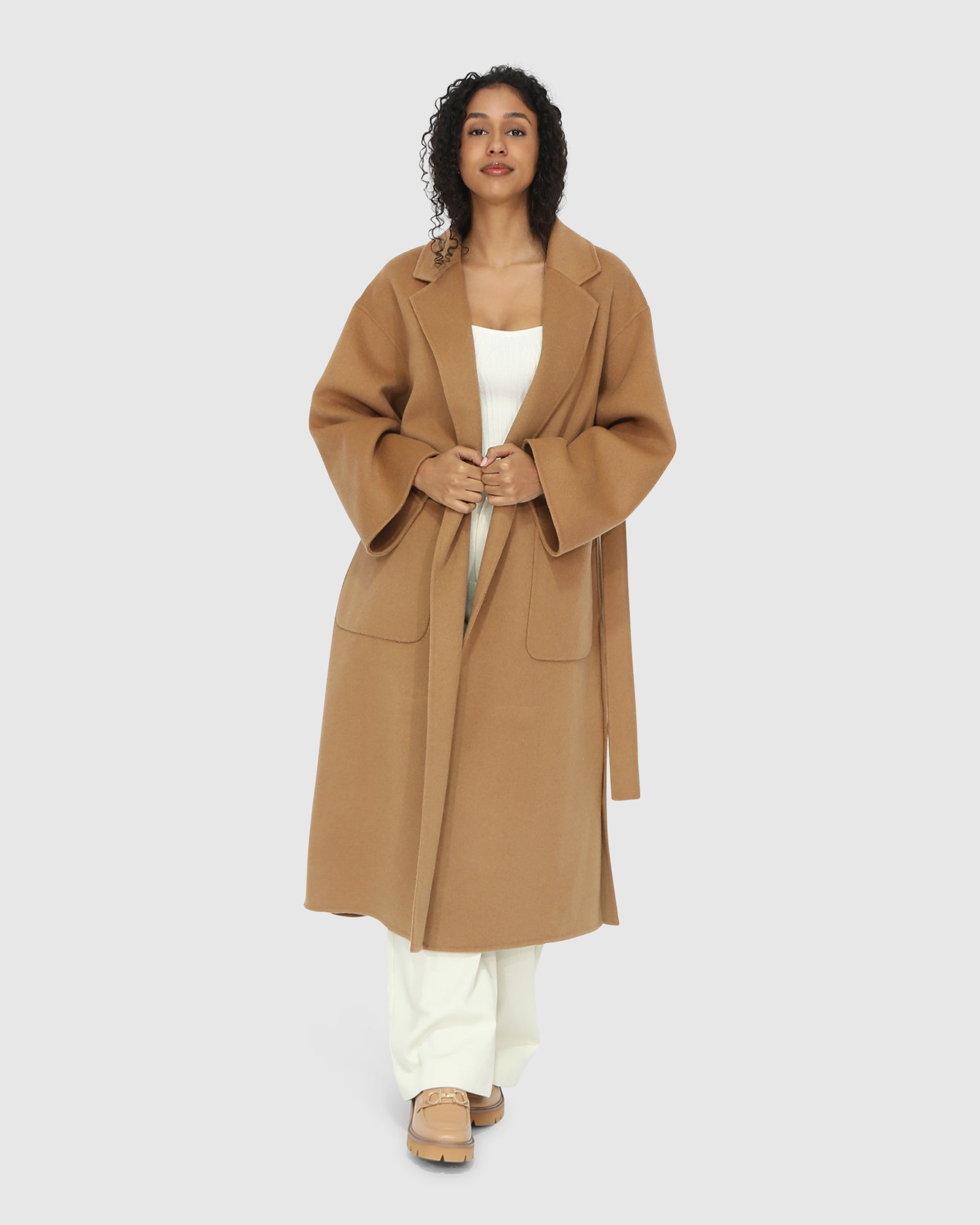 Women | Wide Awake Wool Blend Split Hem Overcoat | Camel