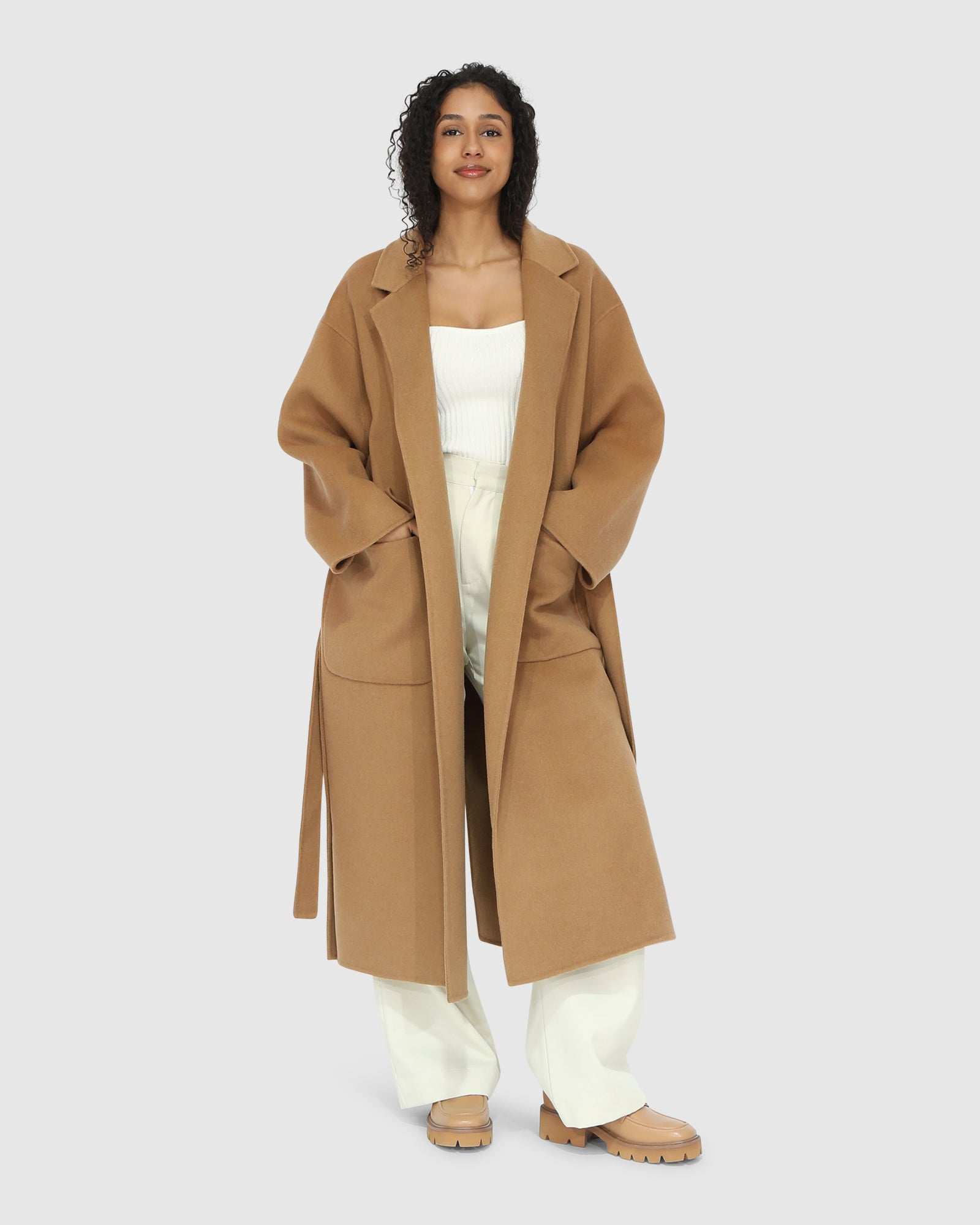 Women | Wide Awake Wool Blend Split Hem Overcoat | Camel