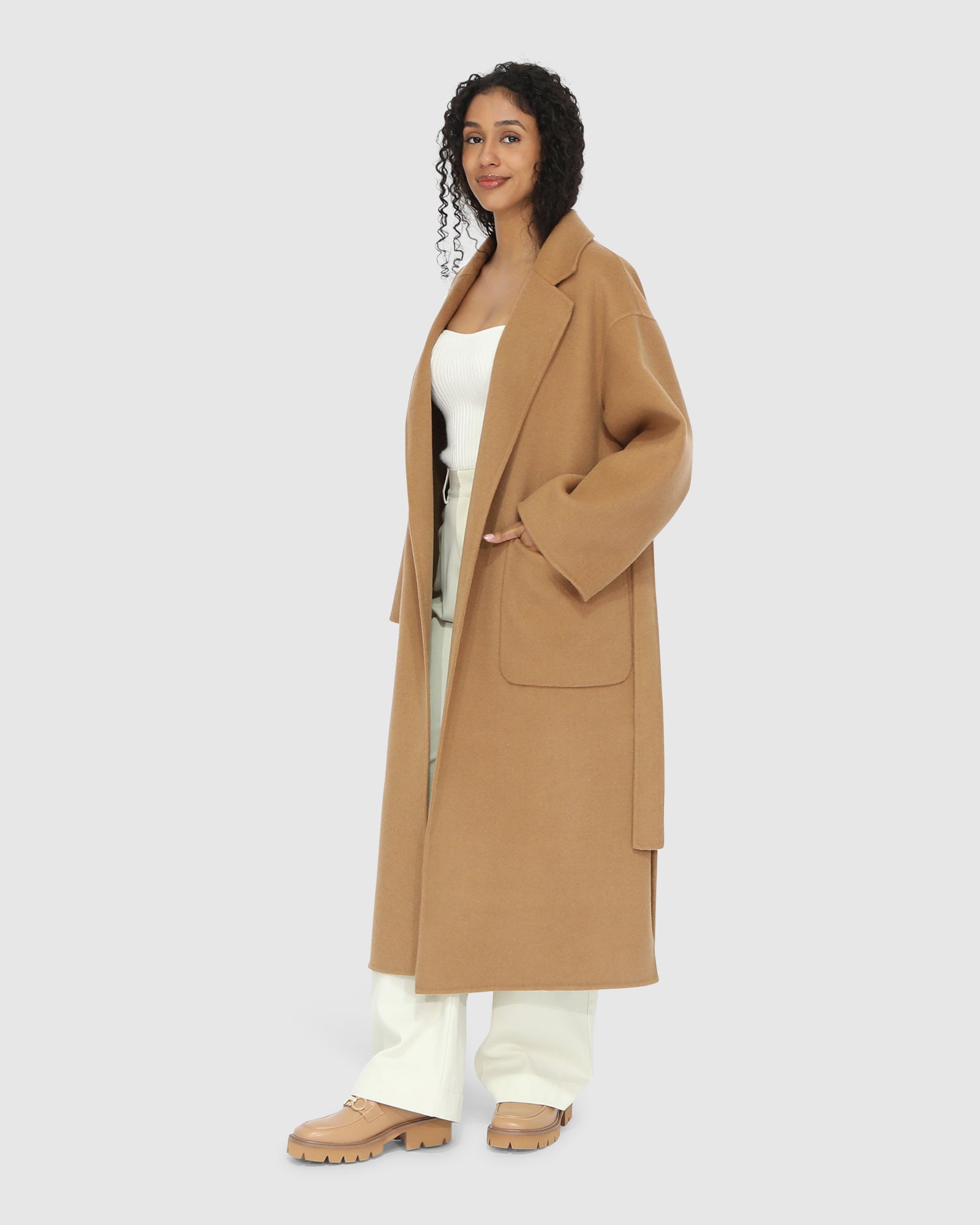 Women | Wide Awake Wool Blend Split Hem Overcoat | Camel