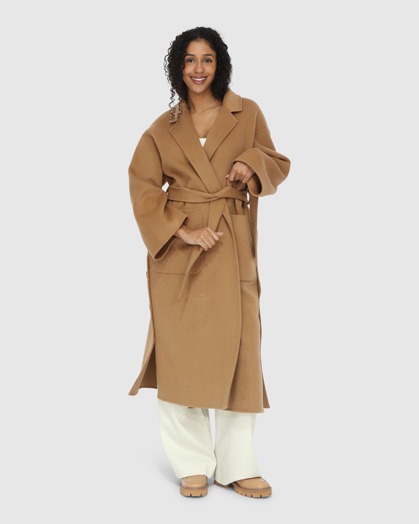 Women | Wide Awake Wool Blend Split Hem Overcoat | Camel