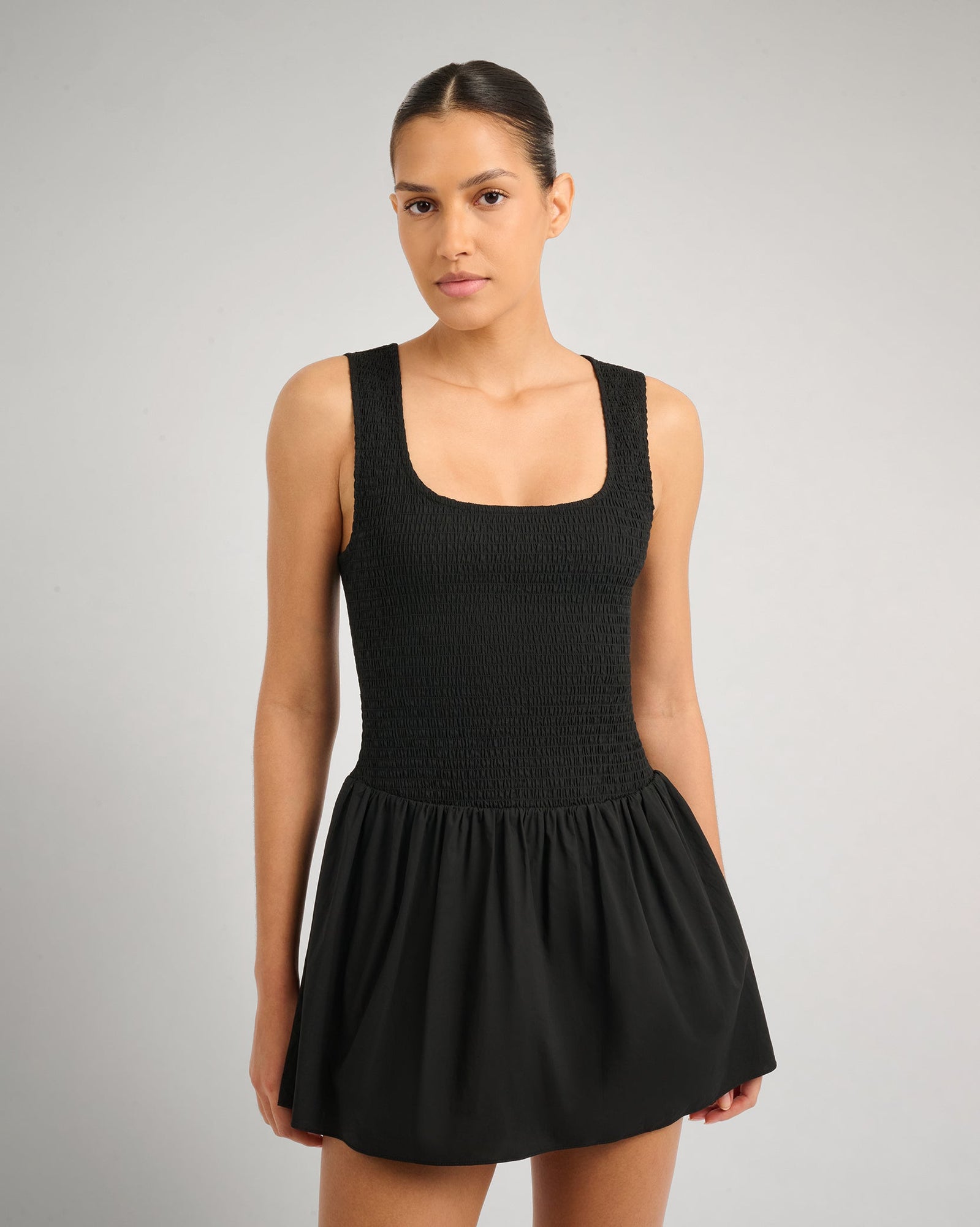 Womens | Poplin Smocked Mini Dress | Black