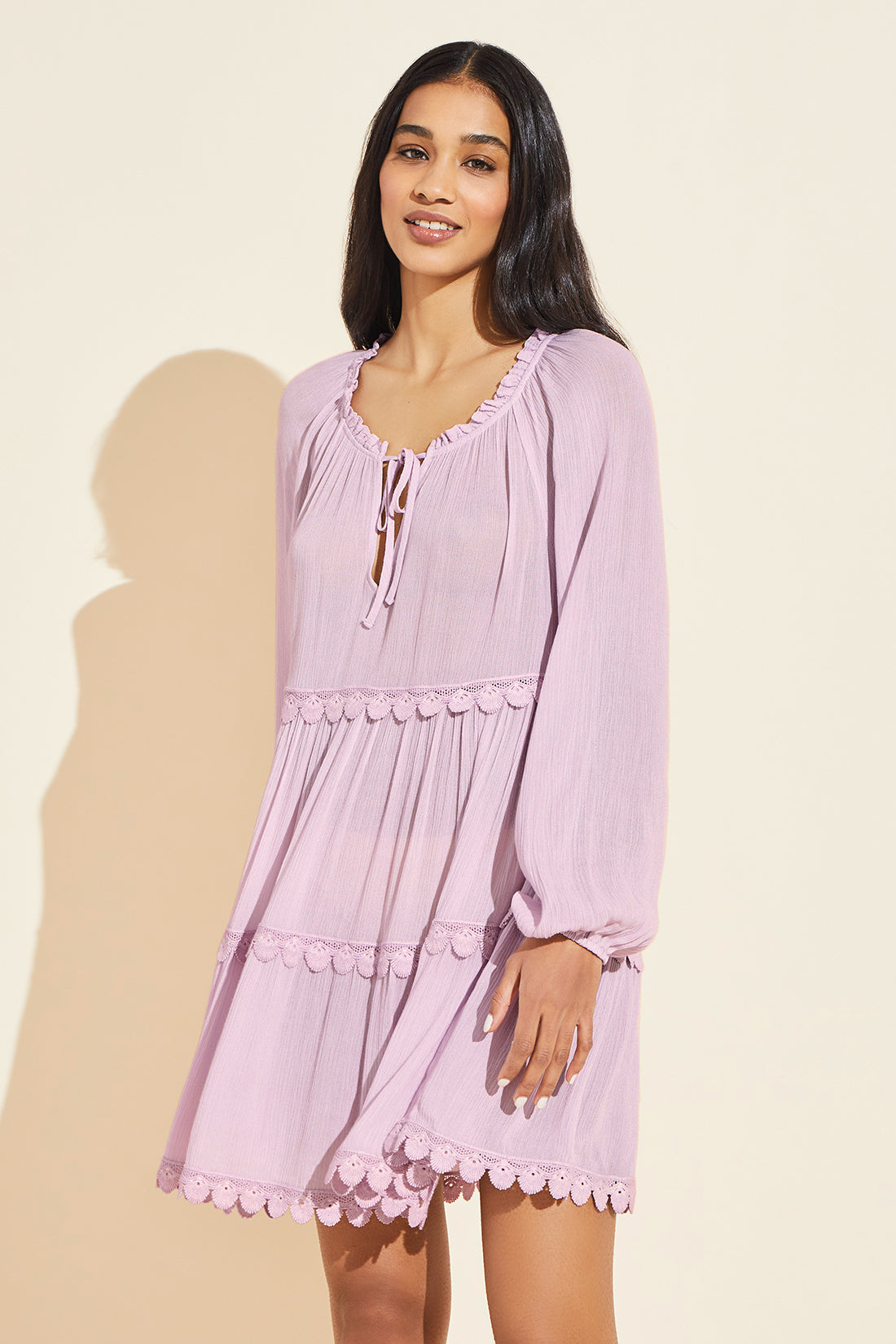 Model wears Sofia Breezy Weave Cover-Up in lilac.