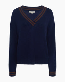 Womens | Deep V-neck Varsity Pullover Sweater | Noir Navy/Chestnut