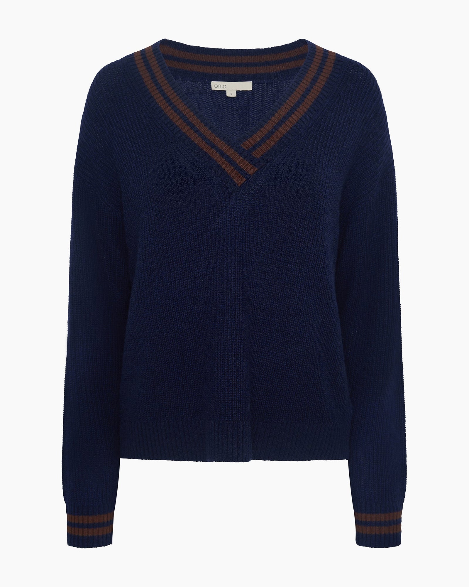 Womens | Deep V-neck Varsity Pullover Sweater | Noir Navy/Chestnut