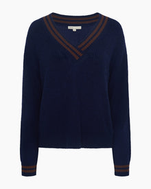 Womens | Deep V-neck Varsity Pullover Sweater | Noir Navy/Chestnut