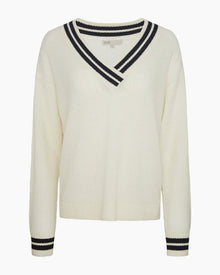 Womens | Deep V-neck Varsity Pullover Sweater | Off White/Black