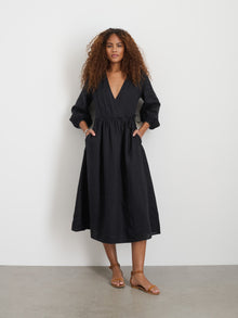 Women | Lauren Wrap Dress In Linen | Rich Black