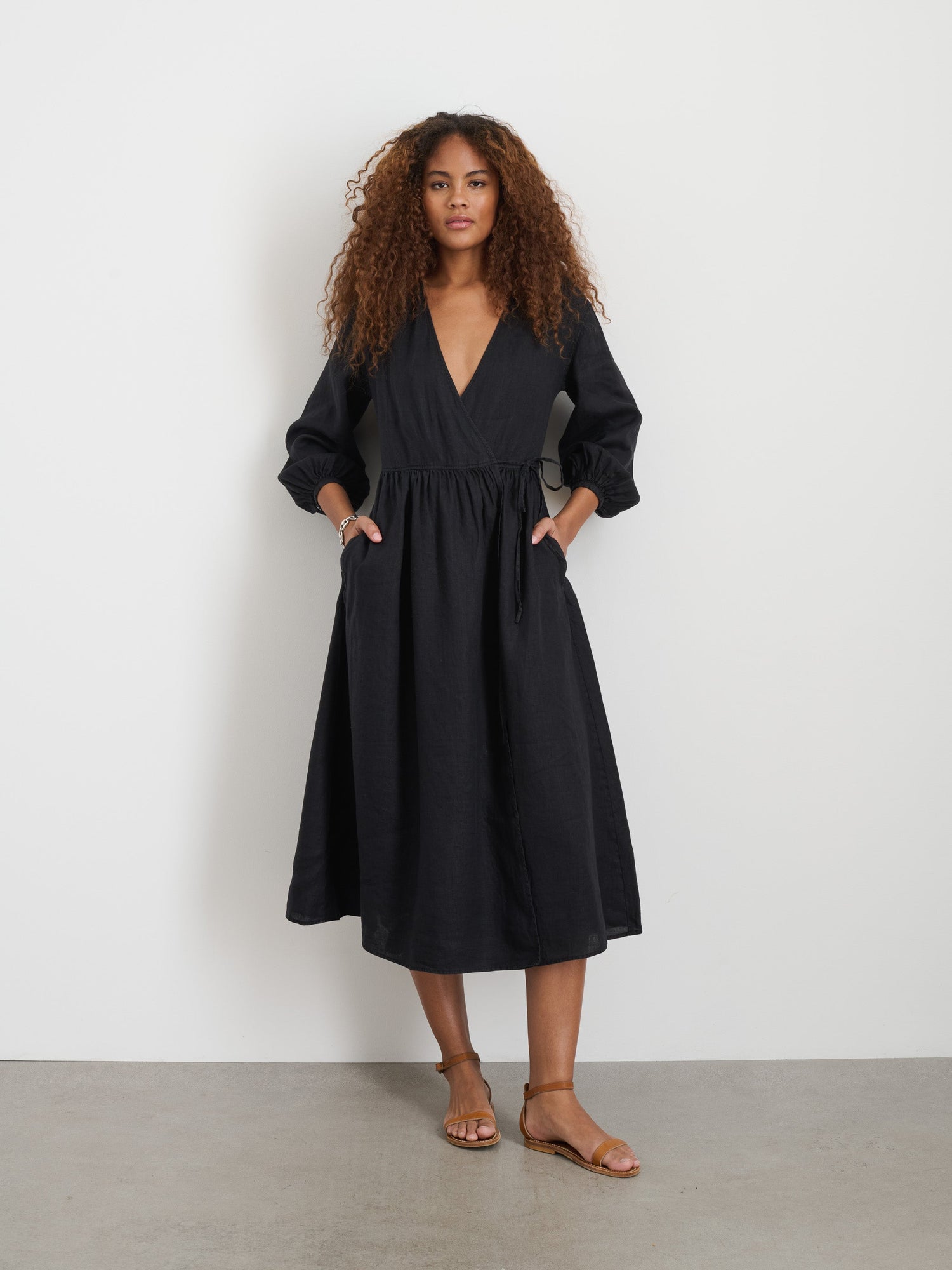 Women | Lauren Wrap Dress In Linen | Rich Black