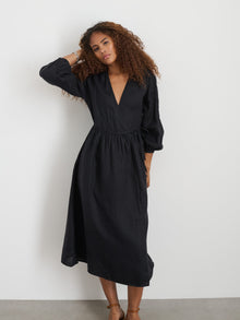 Women | Lauren Wrap Dress In Linen | Rich Black