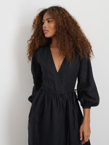Women | Lauren Wrap Dress In Linen | Rich Black