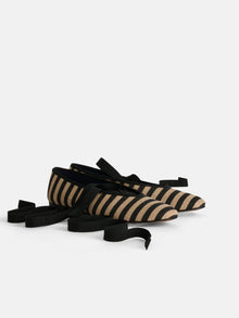 Women | Juliet Italian Flat | Striped Washed Canvas Black x Natural