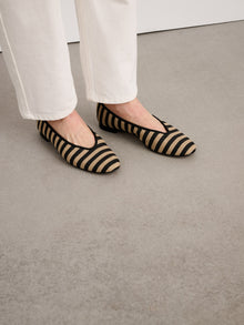 Women | Juliet Italian Flat | Striped Washed Canvas Black x Natural