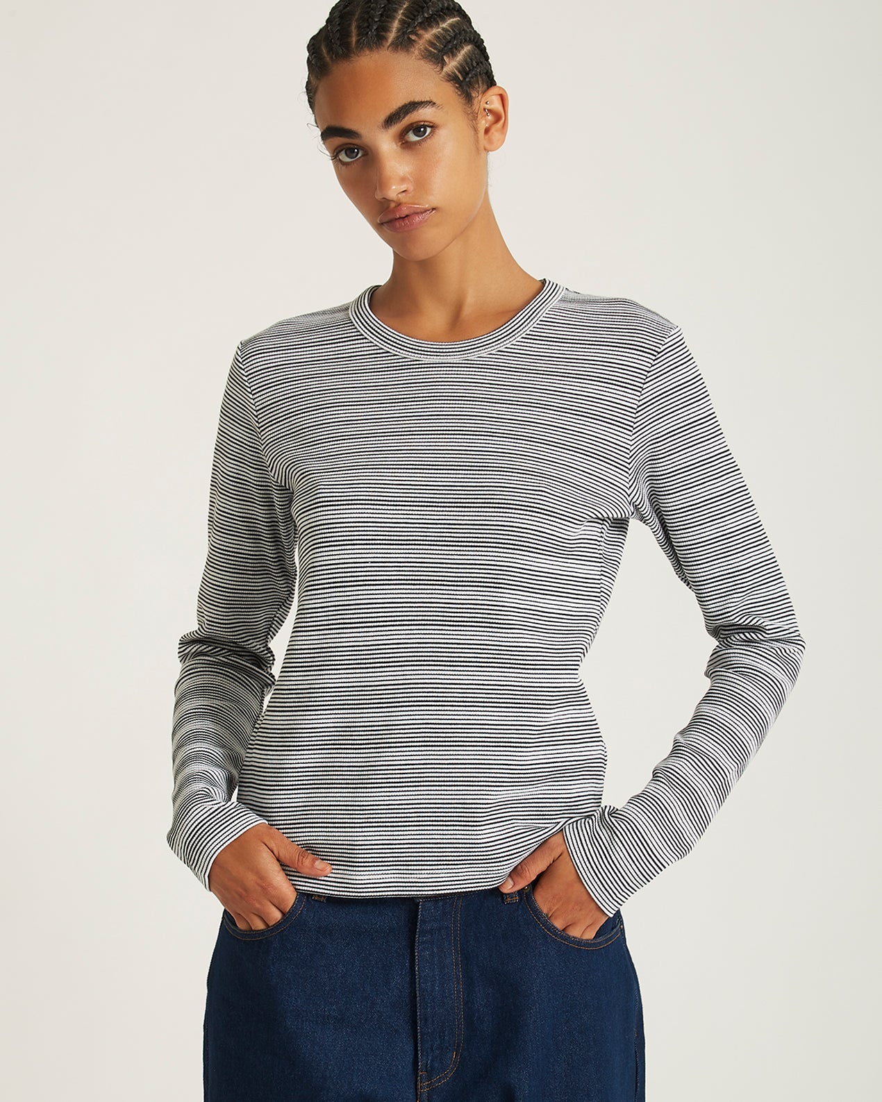 Ivory | Striped Waffle LS Tee