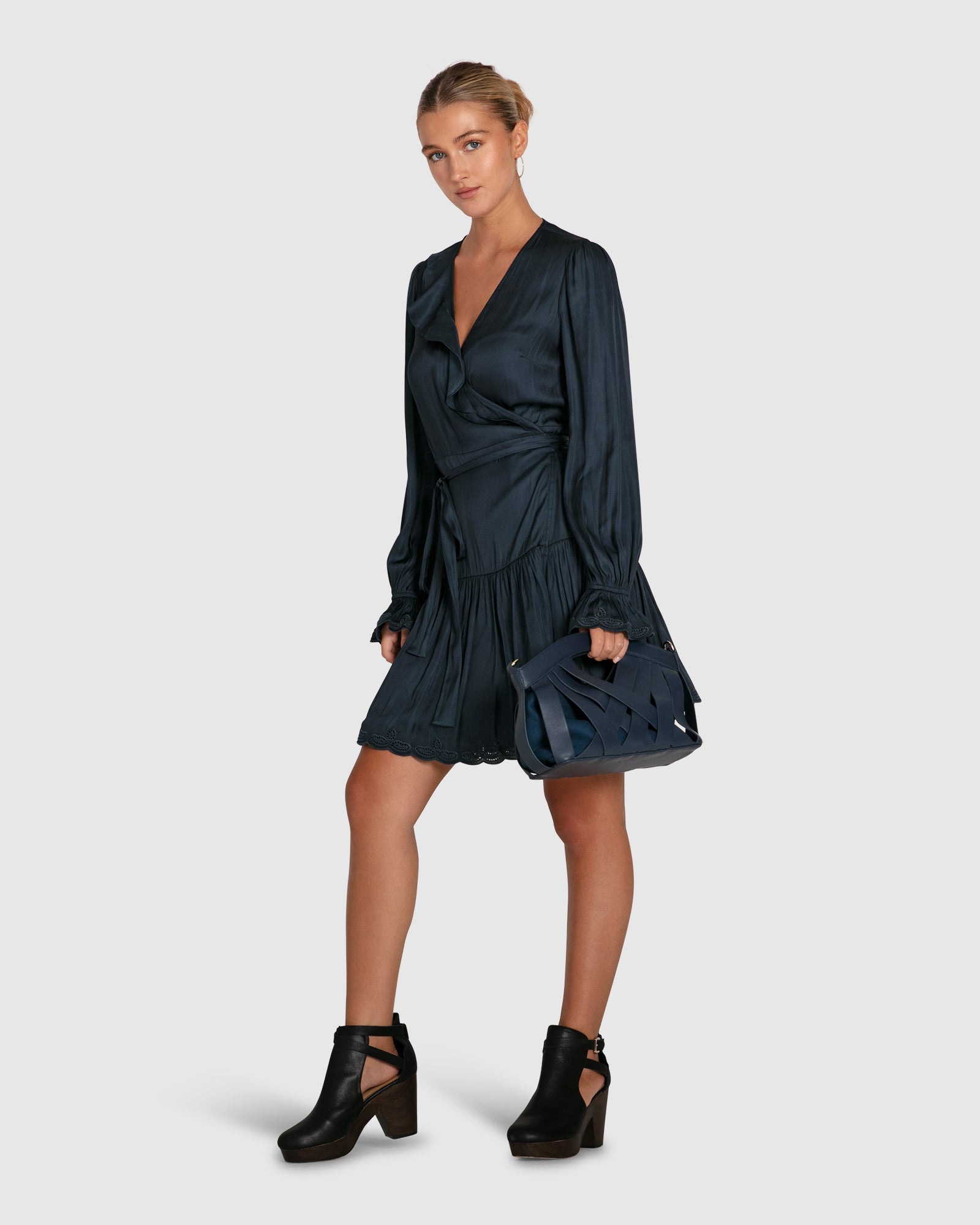 Women | Wild Flower Embroidered Wrap Dress | Navy