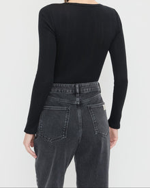 Kaya Pointelle Long-Sleeve Bodysuit in black and Winona Denim Barrel Pant in washed black.