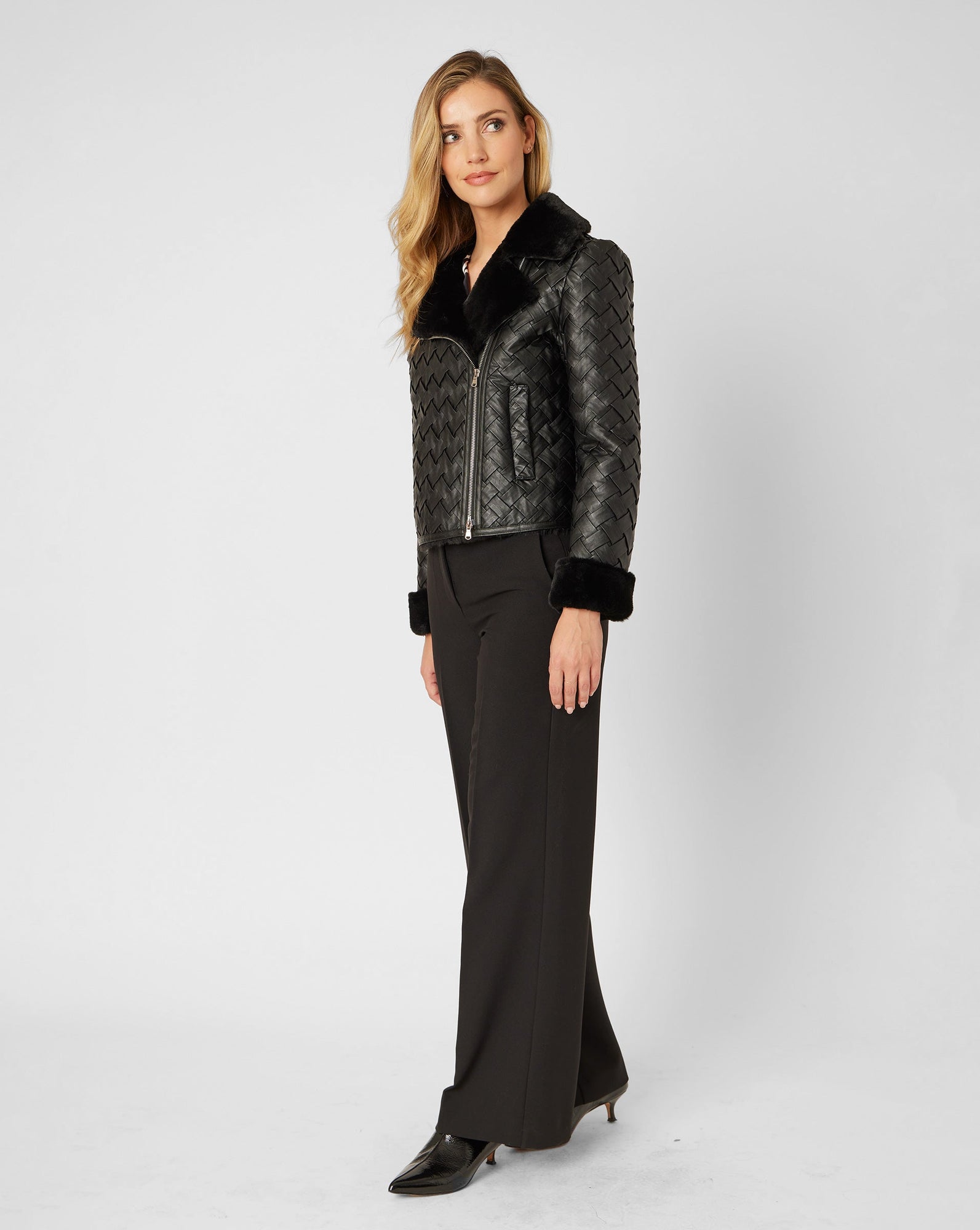 Woven Faux Leather with Faux Fur Lining Moto Jacket | Onyx