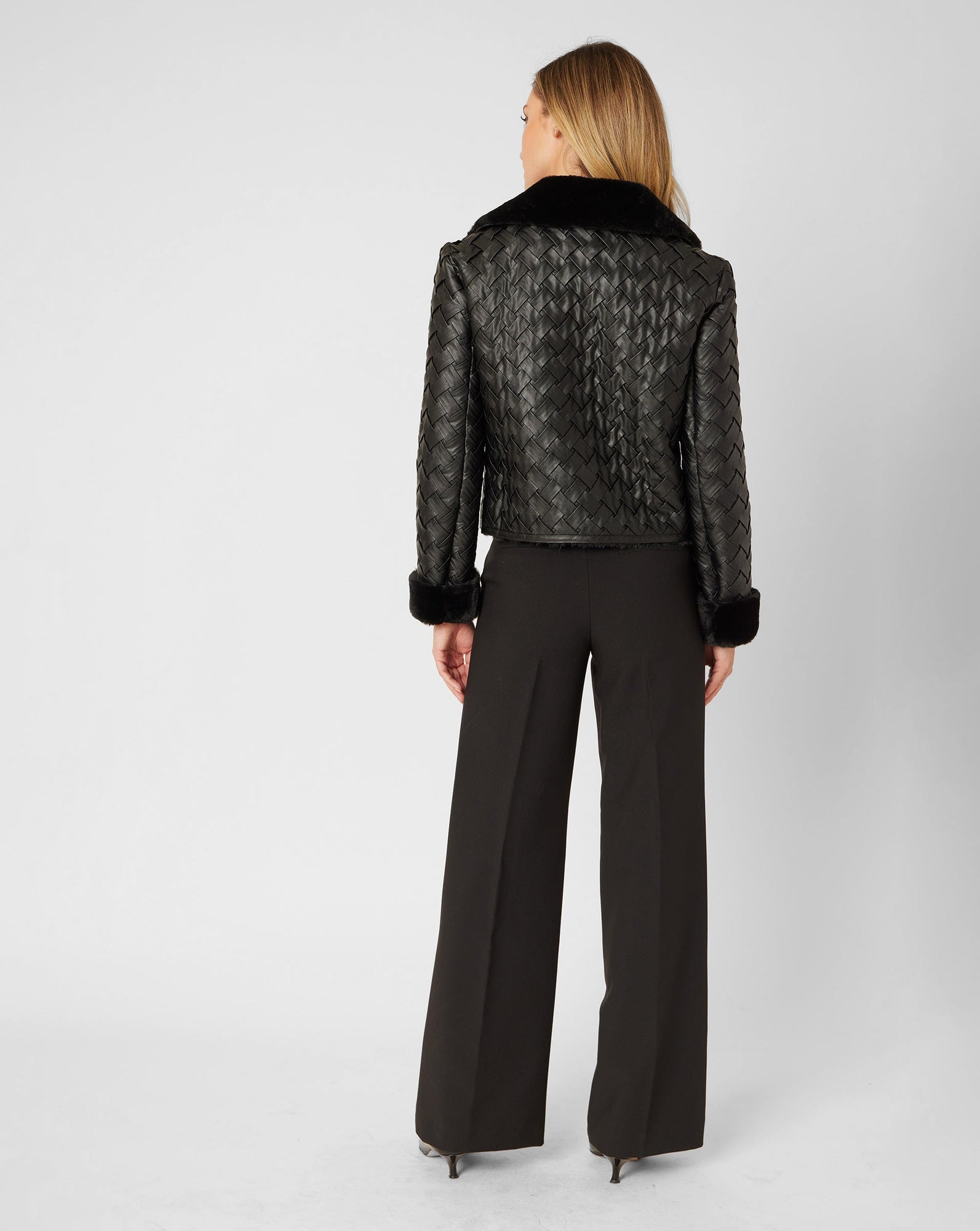 Woven Faux Leather with Faux Fur Lining Moto Jacket | Onyx