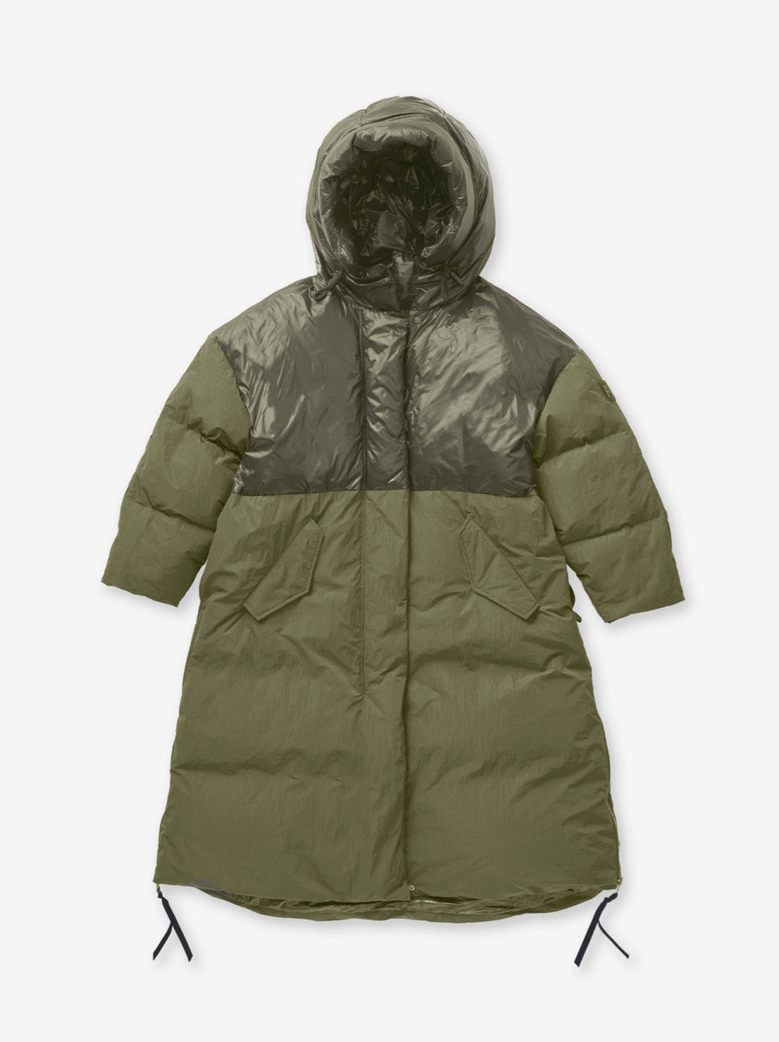 Woman LONG DOWN PUFFER - Stone Green - flat lay without belt