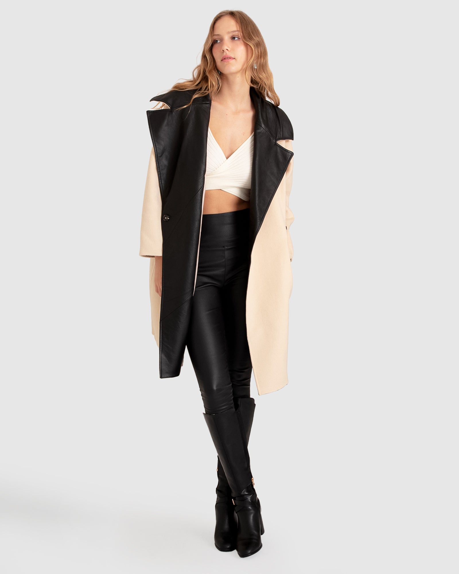 Women | Watch Me Go Oversized Leather Trimmed Coat | Pale Oat