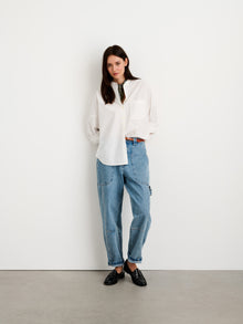 Women | Collarless Shirt | Paper Poplin White