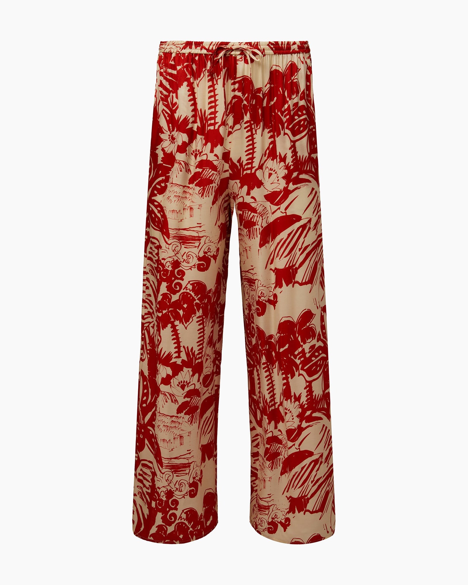Womens | Silk Wide Leg Drawstring Pant | Poinciana/Cream
