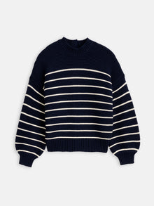 Women | Button-Back Crewneck Sweater | Stripe Dark Navy x Ivory