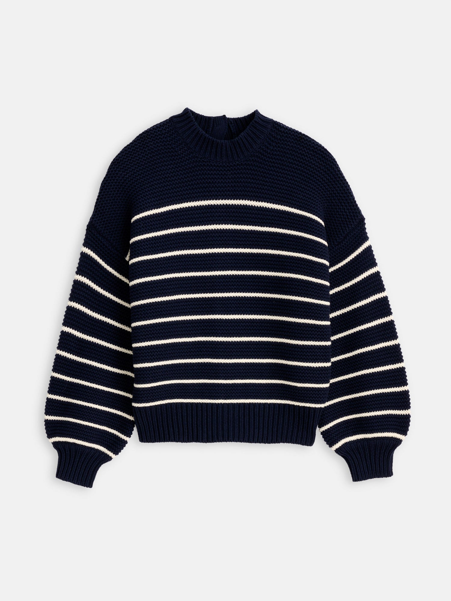 Women | Button-Back Crewneck Sweater | Stripe Dark Navy x Ivory