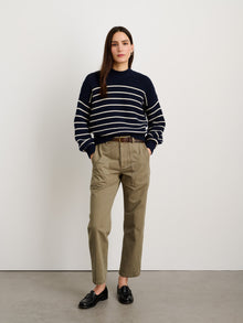 Women | Button-Back Crewneck Sweater | Stripe Dark Navy x Ivory