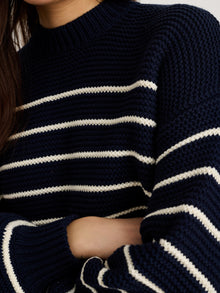 Women | Button-Back Crewneck Sweater | Stripe Dark Navy x Ivory