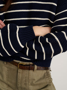 Women | Button-Back Crewneck Sweater | Stripe Dark Navy x Ivory