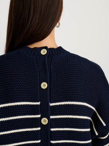Women | Button-Back Crewneck Sweater | Stripe Dark Navy x Ivory