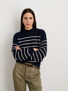 Women | Button-Back Crewneck Sweater | Stripe Dark Navy x Ivory