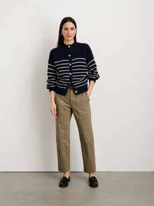 Women | Button-Back Crewneck Sweater | Stripe Dark Navy x Ivory
