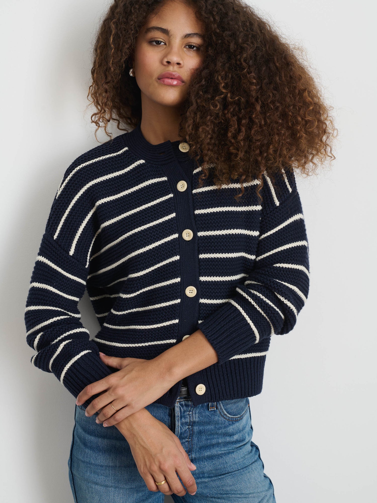 Women | Nico Striped Cardigan | Cotton Navy x Ivory