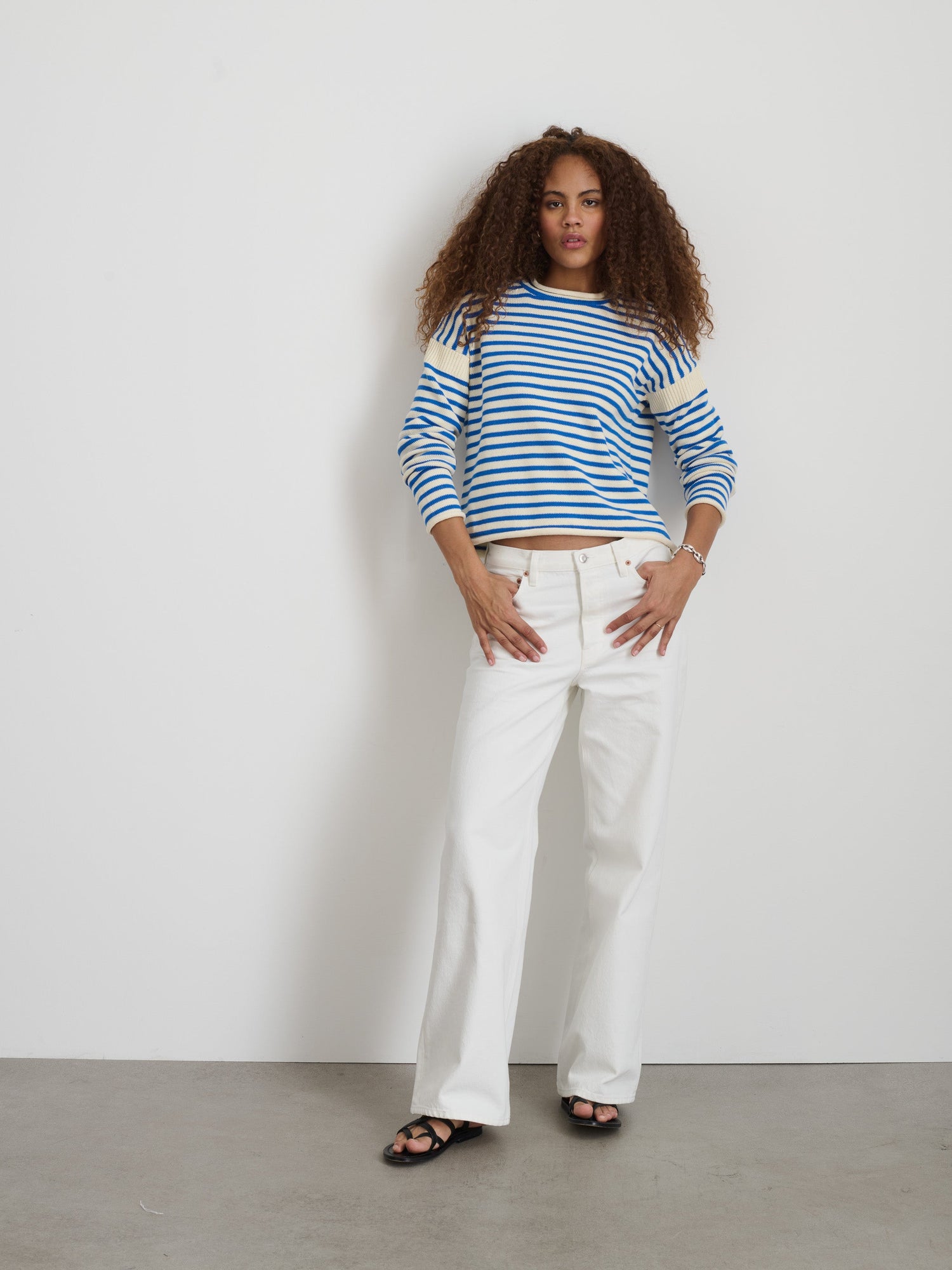 Women | Mariner Striped Rollneck Sweater in Cotton | Ivory x Ultramarine