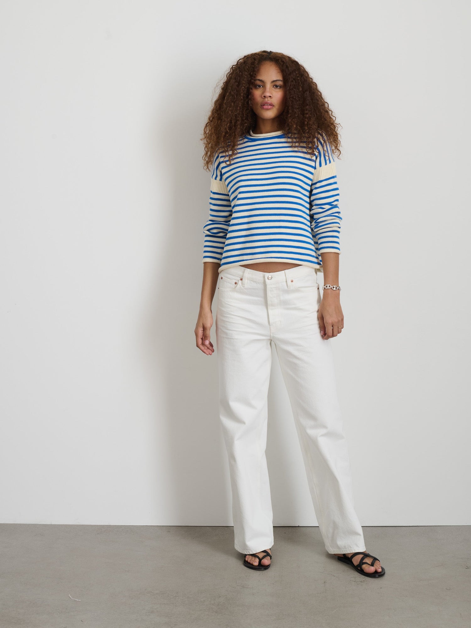 Women | Mariner Striped Rollneck Sweater in Cotton | Ivory x Ultramarine