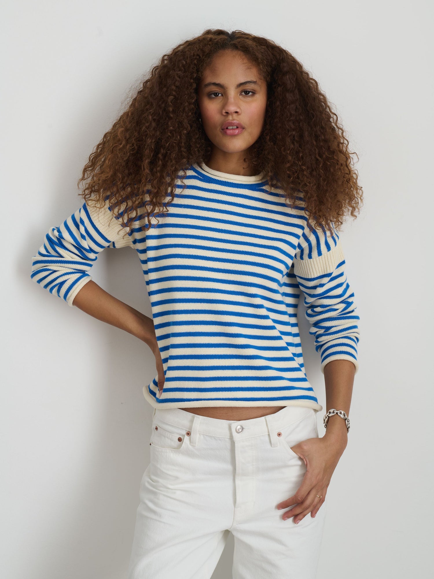 Women | Mariner Striped Rollneck Sweater in Cotton | Ivory x Ultramarine
