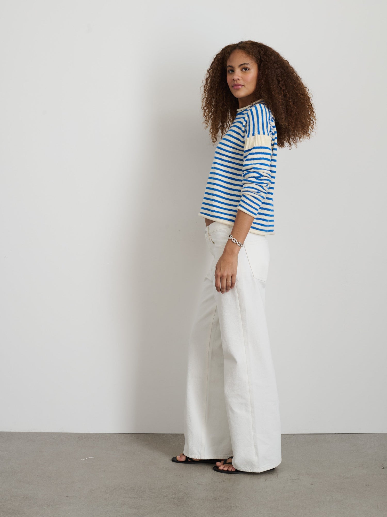 Women | Mariner Striped Rollneck Sweater in Cotton | Ivory x Ultramarine