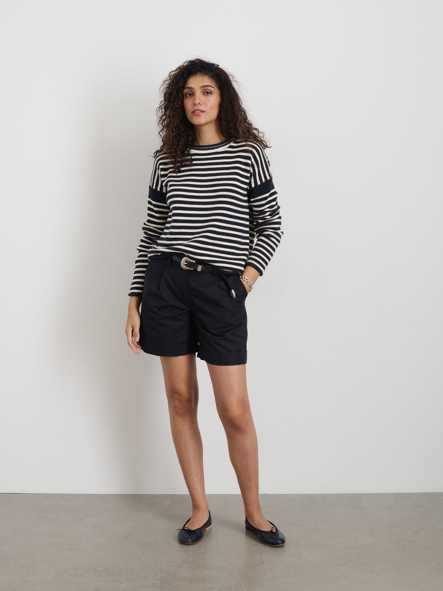 Women | Mariner Striped Rollneck Sweater in Cotton | Navy x Ivory