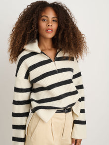 Women | Felix Zip Merino | Stripe Ivory x Charcoal