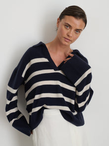Women | Isa Striped Pullover | Cashmere Navy x White