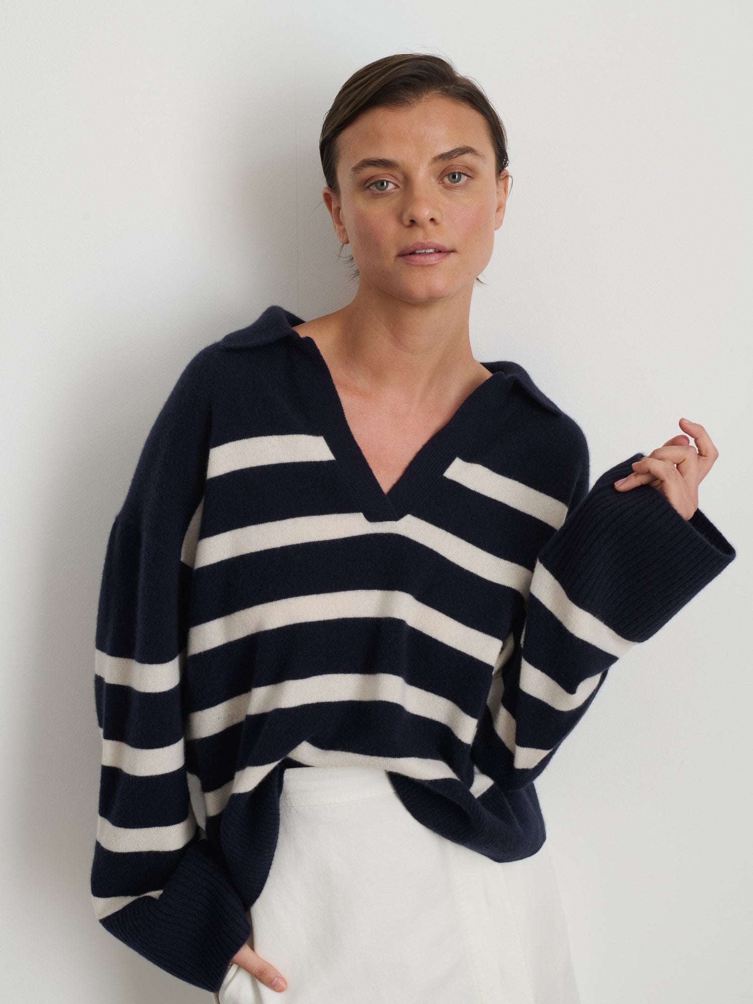 Women | Isa Striped Pullover | Cashmere Navy x White